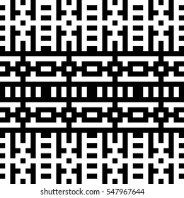 Vector seamless pattern. Decorative element, design template with pixel black and white motifs. Background, texture with optical illusion effect. Ethnic tribal traditional tracery for fabric swatch.