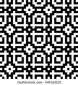 Vector seamless pattern. Decorative element, design template with pixel black and white motifs. Background, texture with optical illusion effect. Ethnic tribal traditional tracery for fabric swatch.
