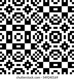 Vector seamless pattern. Decorative element, design template with pixel black and white motifs. Background, texture with optical illusion effect. Ethnic tribal traditional tracery for fabric swatch.