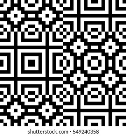 Vector seamless pattern. Decorative element, design template with pixel black and white motifs. Background, texture with optical illusion effect. Ethnic tribal traditional tracery for fabric swatch.