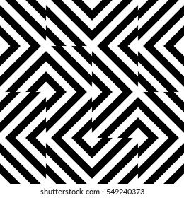 Vector seamless pattern. Decorative element, design template with striped black and white diagonal inclined lines. Background, texture with optical illusion effect. Technologic tiles in op art style