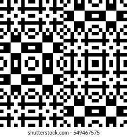 Vector seamless pattern. Decorative element, design template with pixel black and white motifs. Background, texture with optical illusion effect. Ethnic tribal traditional tracery for fabric swatch.