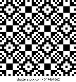 Vector seamless pattern. Decorative element, design template with pixel black and white motifs. Background, texture with optical illusion effect. Ethnic tribal traditional tracery for fabric swatch.