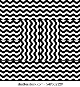 Vector seamless pattern. Decorative element, design template with striped black and white wave curve lines. Background, texture with optical illusion effect. Flame dynamic tiles in op art style.