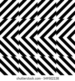 Vector seamless pattern. Decorative element, design template with striped black and white diagonal inclined lines. Background, texture with optical illusion effect. Moving tiles in op art style