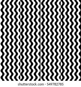 Vector seamless pattern. Decorative element, design template with striped black and white wave curve lines. Background, texture with optical illusion effect. Wind dynamic tiles in op art style.