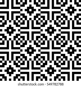 Vector seamless pattern. Decorative element, design template with pixel black and white motifs. Background, texture with optical illusion effect. Ethnic tribal traditional tracery for fabric swatch.