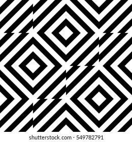 Vector seamless pattern. Decorative element, design template with striped black and white diagonal inclined lines. Background, texture with optical illusion effect. Technologic tiles in op art style