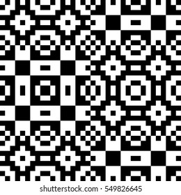 Vector seamless pattern. Decorative element, design template with pixel black and white motifs. Background, texture with optical illusion effect. Ethnic tribal traditional tracery for fabric swatch.