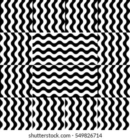 Vector seamless pattern. Decorative element, design template with striped black and white wave curve lines. Background, texture with optical illusion effect. Flame dynamic tiles in op art style.