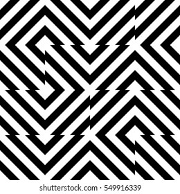 Vector seamless pattern. Decorative element, design template with striped black and white diagonal inclined lines. Background, texture with optical illusion effect. Technologic tiles in op art style