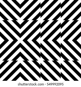 Vector seamless pattern. Decorative element, design template with striped black and white diagonal inclined lines. Background, texture with optical illusion effect. Technologic tiles in op art style