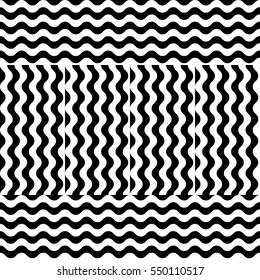Vector seamless pattern. Decorative element, design template with striped black and white wave curve lines. Background, texture with optical illusion effect. Sea dynamic tiles in op art style.