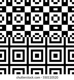 Vector seamless pattern. Decorative element, design template with pixel black and white motifs. Background, texture with optical illusion effect. Ethnic tribal traditional tracery for fabric swatch.