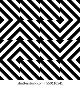Vector seamless pattern. Decorative element, design template with striped black and white diagonal inclined lines. Background, texture with optical illusion effect. Moving tiles in op art style