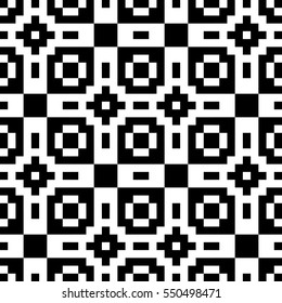 Vector seamless pattern. Decorative element, design template with pixel black and white motifs. Background, texture with optical illusion effect. Ethnic tribal traditional tracery for fabric swatch.