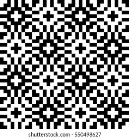 Vector seamless pattern. Decorative element, design template with pixel black and white motifs. Ethnic folk national tracery for fabric swatch. Background, texture with optical illusion effect.
