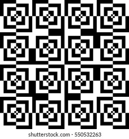 Vector seamless pattern. Decorative element, design template with striped black and white lines and checked square. Background, texture with optical illusion effect. Trance tiles in op art style
