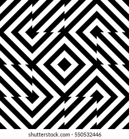Vector seamless pattern. Decorative element, design template with striped black and white diagonal inclined lines. Background, texture with optical illusion effect. Technologic tiles in op art style