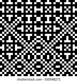 Vector seamless pattern. Decorative element, design template with pixel black and white motifs. Ethnic folk national tracery for fabric swatch. Background, texture with optical illusion effect.