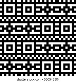 Vector seamless pattern. Decorative element, design template with pixel black and white motifs. Background, texture with optical illusion effect. Ethnic tribal traditional tracery for fabric swatch.