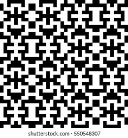 Vector seamless pattern. Decorative element, design template with pixel black and white motifs. Ethnic folk national tracery for fabric swatch. Background, texture with optical illusion effect.