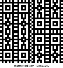 Vector seamless pattern. Decorative element, design template with pixel black and white motifs. Background, texture with optical illusion effect. Ethnic tribal traditional tracery for fabric swatch.
