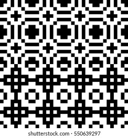 Vector seamless pattern. Decorative element, design template with pixel black and white motifs. Ethnic folk national tracery for fabric swatch. Background, texture with optical illusion effect.