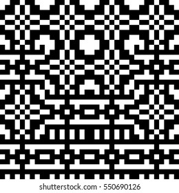 Vector seamless pattern. Decorative element, design template with pixel black and white motifs. Background, texture with optical illusion effect. Ethnic tribal traditional tracery for fabric swatch.