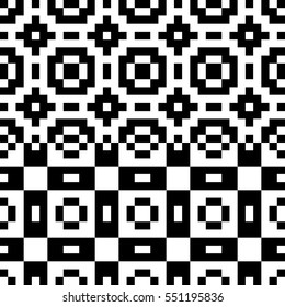 Vector seamless pattern. Decorative element, design template with pixel black and white motifs. Background, texture with optical illusion effect. Ethnic tribal traditional tracery for fabric swatch.