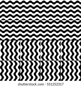 Vector seamless pattern. Decorative element, design template with striped black and white wave curve lines. Background, texture with optical illusion effect. Water dynamic tiles in op art style.