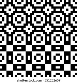 Vector seamless pattern. Decorative element, design template with pixel black and white motifs. Background, texture with optical illusion effect. Ethnic tribal traditional tracery for fabric swatch.