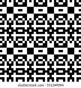 Vector seamless pattern. Decorative element, design template with pixel black and white motifs. Background, texture with optical illusion effect. Ethnic tribal traditional tracery for fabric swatch.