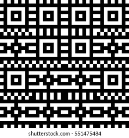 Vector seamless pattern. Decorative element, design template with pixel black and white motifs. Background, texture with optical illusion effect. Ethnic tribal traditional tracery for fabric swatch.