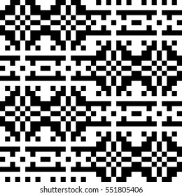 Vector seamless pattern. Decorative element, design template with pixel black and white motifs. Ethnic folk national tracery for fabric swatch. Background, texture with optical illusion effect.