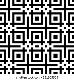 Vector seamless pattern. Decorative element, design template with pixel black and white motifs. Background, texture with optical illusion effect. Ethnic tribal traditional tracery for fabric swatch.