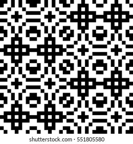 Vector seamless pattern. Decorative element, design template with pixel black and white motifs. Ethnic folk national tracery for fabric swatch. Background, texture with optical illusion effect.