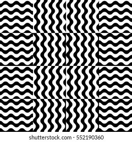 Vector seamless pattern. Decorative element, design template with striped black and white wave curve lines. Background, texture with optical illusion effect. Sea dynamic tiles in op art style.