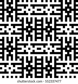 Vector seamless pattern. Decorative element, design template with pixel black and white motifs. Background, texture with optical illusion effect. Ethnic tribal traditional tracery for fabric swatch.