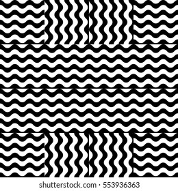 Vector seamless pattern. Decorative element, design template with striped black and white wave curve lines. Background, texture with optical illusion effect. Marine dynamic tiles in op art style.