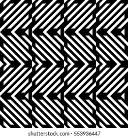 Vector seamless pattern. Decorative element, design template with diagonal striped black and white lines. Background, texture with mechanical geometry. Structural industrial tiles for lattice, grille