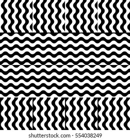 Vector seamless pattern. Decorative element, design template with striped black and white wave curve lines. Background, texture with optical illusion effect. Water dynamic tiles in op art style.