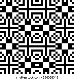 Vector seamless pattern. Decorative element, design template with pixel black and white motifs. Background, texture with optical illusion effect. Ethnic tribal traditional tracery for fabric swatch.