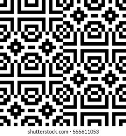 Vector seamless pattern. Decorative element, design template with pixel black and white motifs. Background, texture with optical illusion effect. Ethnic tribal traditional tracery for fabric swatch.