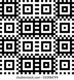 Vector seamless pattern. Decorative element, design template with pixel black and white motifs. Background, texture with optical illusion effect. Ethnic tribal traditional tracery for fabric swatch.