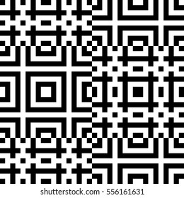 Vector seamless pattern. Decorative element, design template with pixel black and white motifs. Background, texture with optical illusion effect. Ethnic tribal traditional tracery for fabric swatch.