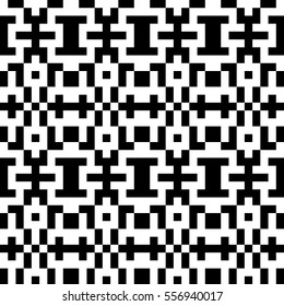 Vector seamless pattern. Decorative element, design template with pixel black and white motifs. Ethnic folk national tracery for fabric swatch. Background, texture with optical illusion effect.
