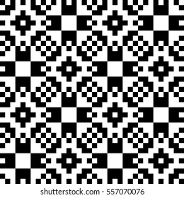 Vector seamless pattern. Decorative element, design template with pixel black and white motifs. Background, texture with optical illusion effect. Ethnic tribal traditional tracery for fabric swatch.