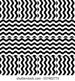 Vector seamless pattern. Decorative element, design template with striped black and white wave curve lines. Background, texture with optical illusion effect. Sea dynamic tiles in op art style.