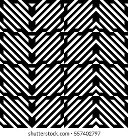 Vector seamless pattern. Decorative element, design template with diagonal striped black and white lines. Background, texture with mechanical geometry. Structural industrial tiles for lattice, grille